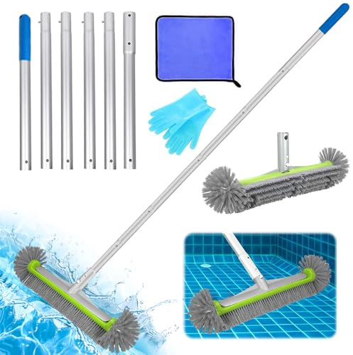 Poolbürste mit Runden Enden,43CM Pool Reinigungsbürste mit Längenverstellbarer Aluminiumstange und Erstärkter Metall Rückseite,Reinigungsbürste für Pool,Robuuste Borstel(Grün)