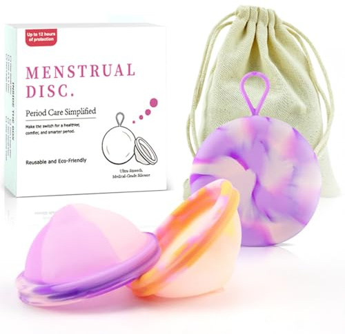 JOAASU 2 Stück Menstruationsscheibe, Wiederverwendbare Menstruationstasse, Auslaufsicher Menstruationstasse, Menstrual Disc, Periodenscheibe aus Silikon, Menstrual Cup für Sport, Schwimmen (S+L)