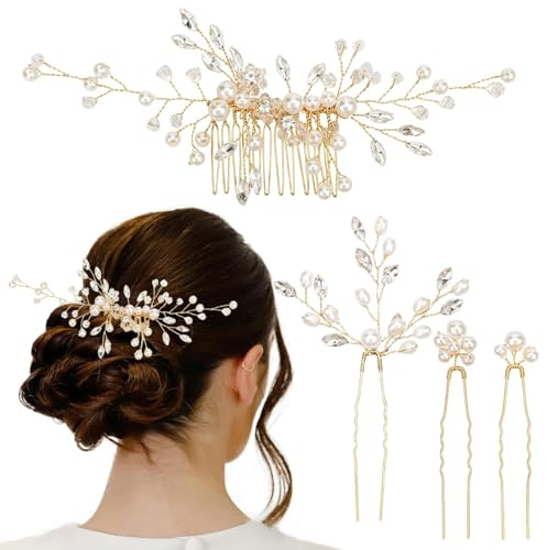 Hochzeits-Haarschmuck – 4 Stück Braut-Haarkamm und U-förmige Haarnadeln mit Kristallperlen für Frauen und Mädchen, Gold
