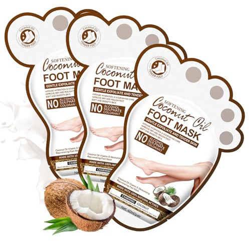 Coconut Foot Mask Socks with Vitamin E & Collagen – Hydrating & Moisturising Foot Peel Mask to Repair Dry, Rough & Cracked Feet, Softening Feet Care Socks - Cleansing Rough Feet Texture 3 Pairs