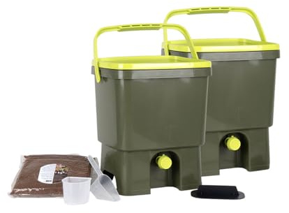 Skaza Bokashi Organko Set (2 x 16 Liter) Küche und Garten Bio Mülleimer - 2X Recyceltem Kunststoff Komposteimer Starterset + inkl. 1 Kg EM Fermentieren Aktivator (Oliv-Limette)