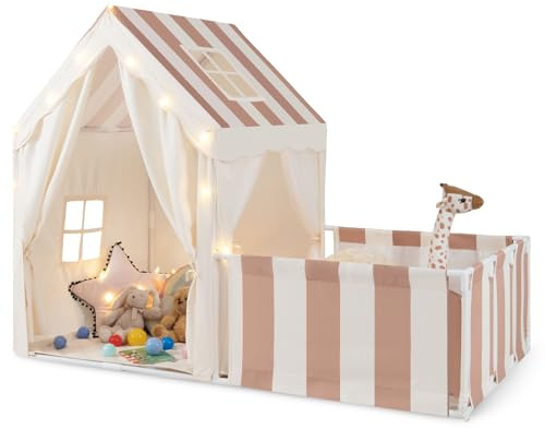 COSTWAY Kids Play Tent, Indoor Toddler Playhouse with Playpen, Washable Cotton Mat, Star Lights, Large Castle Fairy Tents for Girls Boys (Beige+Coffee)
