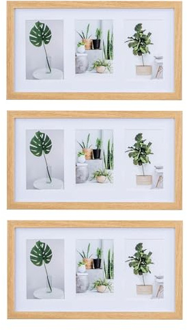 levandeo 3er Set Bilderrahmen Collage 9 Fotos 10x15cm Eiche Optik MDF Passepartout Glasscheibe Fotorahmen Fotogalerie