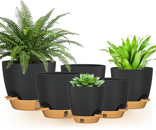 FIASON 6er-Set Blumentopf, 12,5/13,9/15/16,5/17,7/20 cm Selbstwässernder Blumentöpfe mit Untersetzer, Rund Übertopf für Zimmer- und Außenpflanzen, Schwarz