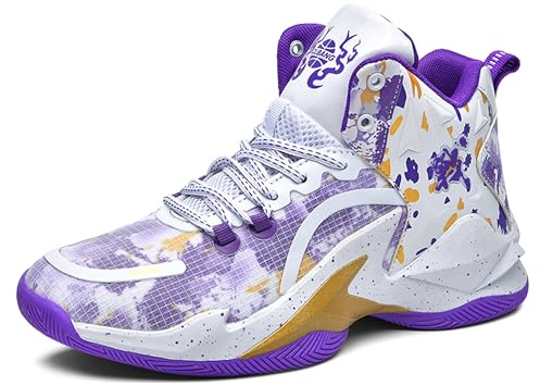 Basketbollskor for män andas, stötdämpande, halksäkra, slitstarka, trendiga sportträningsstövlar Skor för promenader(White purple,39 EU)