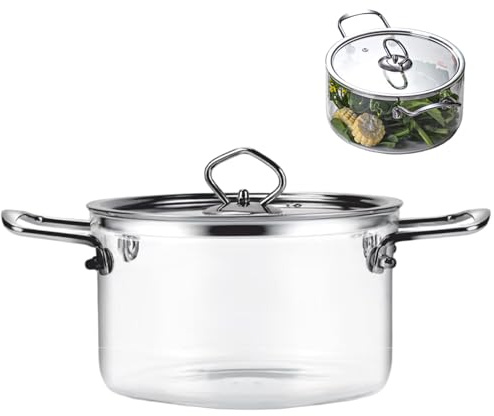 Pentola in vetro, pentola a fuoco lento trasparente da 2, 5 litri con doppio manico in acciaio inossidabile, pentole vetro resistente al calore con coperchio per cucinare pasta, tagliatelle, zup