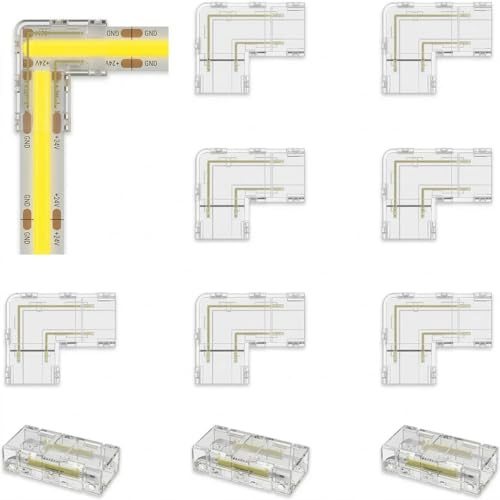 QLK FCOB COB Transparent Gapless L-Shaped Connector Kit, 10 Stück Wiederverwendbare Streifen zu Kabel Verbinder, 2 Stück Transparente Mittelverbinder,8 Stück L Form für Nahtlose Lötfreie Installation