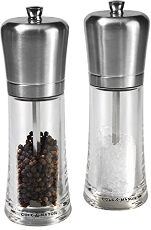 Cole & Mason H307498P Sandown | Moulins Sel et Poivre | Moulins à épices | Precision+/Mouture Réglable | Acier Inoxydable/Acrylique | 180mm | Comprend 2 x Moulins | Garantie à Vie Du Mécanisme