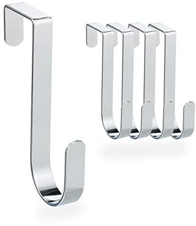 Relaxdays Colgador Puerta, Pack de 5, Ganchos para Colgar, Para Baño, Cocina o Pasillo, Metal, 12 cm de Largo, Plateado
