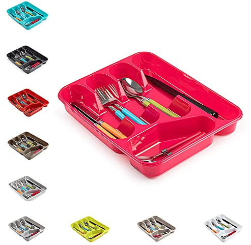 PLASTIFIC Large CUTLERY TRAY Flatware Organiser Strong Plastic Drawer Sliding Tidy Rack Holder Drawer Insert Tidy Storage, 33.5 x 26.5 x 4.5 cm - Solid Base, Fuschia