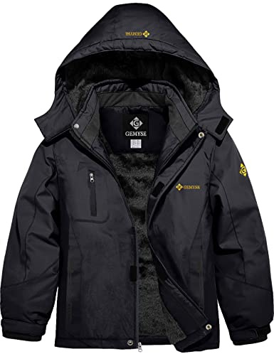 GEMYSE Veste de Ski pour Garçon Enfant Manteau Hiver Chaud Imperméable Coupe-Vent Blouson avec Capuche et Polaire(Noir,128-134)