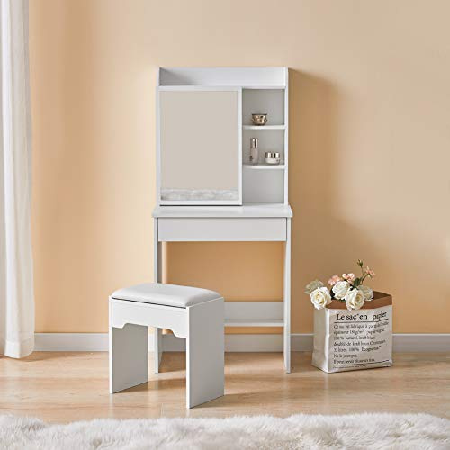 TUKAILAi Dressing Table with Mirror and Stool, 60cm Small Vanity Table with 7 Shelves & 1 Large Drawer, Makeup Desk with Sliding Mirror & Hidden Storage for Bedroom