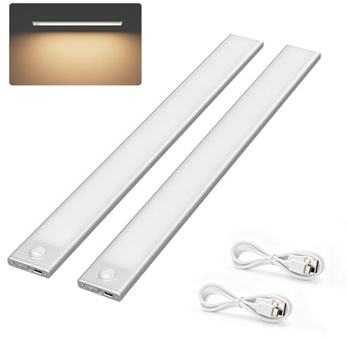 Klighten 2 Stück 40cm Schrankbeleuchtung mit Bewegungsmelder, Unterbauleuchte Küche LED 170LM, 2200 mAh Akku, Auto/ON/OFF, USB Aufladbar, Magnet Schranklicht, 3000K Warmweiß, Silber
