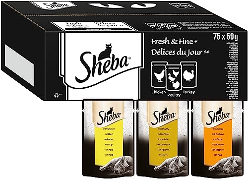 SHEBA Hochwertiges Adult Nassfutter für Katzen - 75 x 50g Portionsbeutel - mit Huhn, Geflügel und Truthahn - Großpackung Katzenfutter nass - Portionsbeutel Multipack