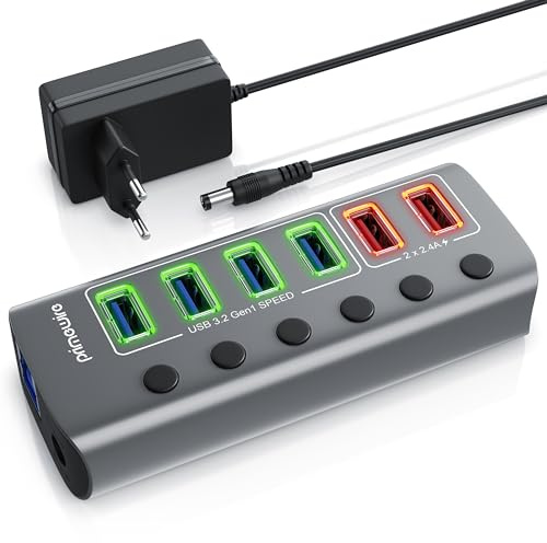CSL - USB 3.2 Gen.1 6 Port Hub aktiv schaltbar – mit Netzteil - 4 x USB 3.2 Gen1, 2X USB Smart Charge Ports – Alugehäuse grau – für PC Notebook Laptop Tablet PC - bis zu 5 Gbit/s