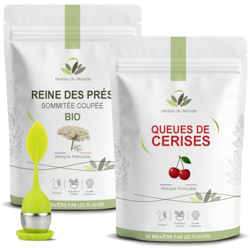 Herbes du Monde – DUO Infusion Bien-Être : Queues de Cerises 100g & Reine des Prés BIO 60g avec Infuseur | Plantes à Infuser 100% Naturelles – 2 Sachets + 1 Infuseur