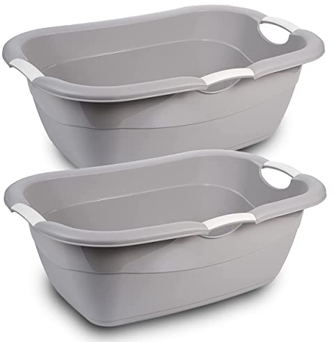 Wäschekorb 38 Liter 2er Set – XL Wäschewanne Kunststoff – stabiler Wäschekorb mit 3 ergonomischen Griffen – grau, Made in EU, universell für Haushalt & Garten (68x46x25 cm)
