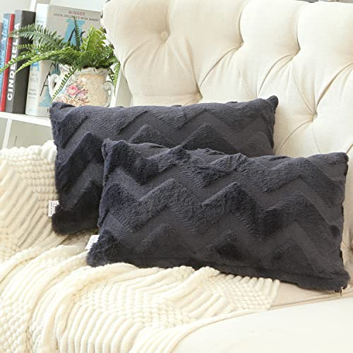 Fosiktig Kissenbezüge, 2er-Set, marineblau, Winter-Kissenbezüge, dekorativer Bauernhaus-Kissenbezug, Kunstfell, cremefarben, Boho-Kissenbezüge für Auto, Sofa, Schlafzimmer, Heimdekoration, 30,5 x 50,8