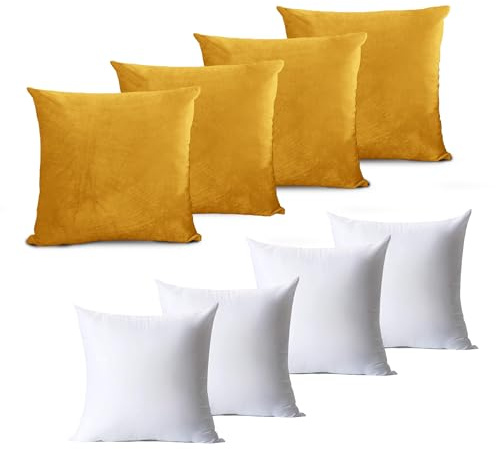 Hafaa Velvet Cushions with Covers Included Set of 8 (4 Ochre Cushion Covers, 4 Cushion Inserts 45cm x 45cm) Luxury Decorative Fluffy Square Throw Pillow Case Sofa Cushion with Invisible Zipper