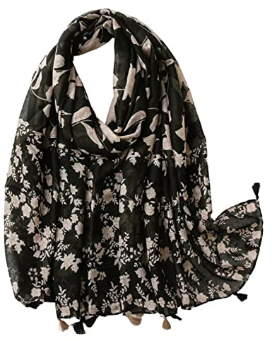 FAIRYGATE Scarf Women Black Vintage Classic Flower Design Viscose Material Neck Tassel Shawls and Wraps Ladies Scarves Lightweight Clearance 86005