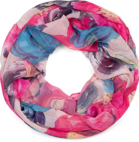 styleBREAKER Bufanda de lazo para señoras con un colorido motivo floral, Bufanda de tubo ligera y veraniega multicolor 01016217, color:Rosa-Rosa-Azul