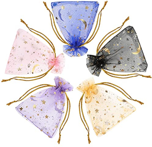 Grevosea 100 Pieces Organza Gift Bags, 7x9cm Moon Stars Organza Bags Mesh Gift Bags with Drawstring Jewelry Favor Pouches Christmas Candy Bags for Wedding Party Valentine's Day(Mixed Color)