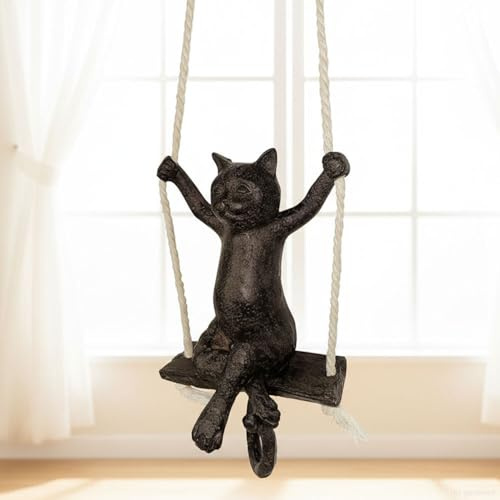 zeitzone Hängende Figur Katze auf Schaukel Katzenfigur Dekofigur zum Aufhängen Schwarz