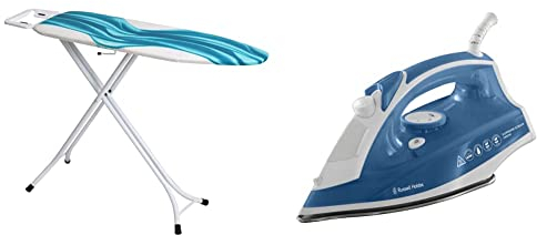Mabel Home Adjustable Height, Deluxe, 4-Leg, Ironing Board, Extra Cover, Blue/White Patterned & Russell Hobbs Supreme Steam Traditional Iron 23061, 2400 W, White/Blue