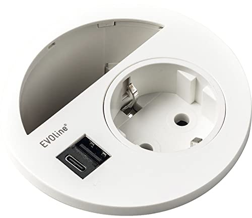 EVOline Circle80 Steckdose mit Kabeldurchgang und USB-A+C-Doppelcharger, weiß