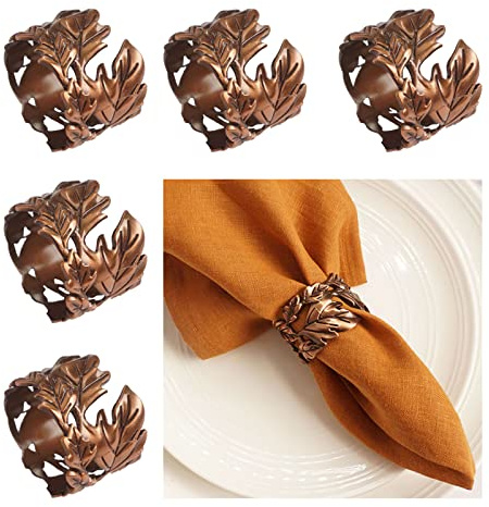 Utalek Leaf Shape Napkin Rings Set of 6, Bronze Napkin Rings Metal Napkin Ring Holders for Dinner Party, Wedding, Banquets,Thanksgiving, Holiday Table Settings