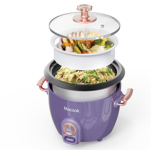 Macook Dual Mode Rice Cooker and Food Steamer, Small Rice Cooker 4 Uncooked/8 Cups Cooked, Rice Cooker 1 L, Removable Nonstick Pot & Keep Warm Function, for Soups, Stews, Grains & Oatmeal - Purple