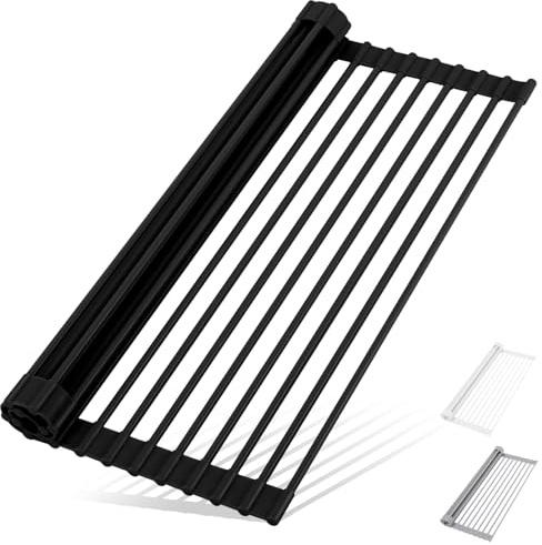 HANZENMA Roll Up Dish Drying Rack Over The Sink Kitchen Roll Up Sink Drying Rack Multipurpose Foldable Sink Drying Mat, Heat-Resistant, Anti-Slip & Anti-Rust Dish Rack for Kitchen, 17 x 13, Black