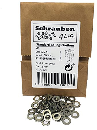 Standard Unterlegscheiben M6 Edelstahl 50Stk. - Plastikfreiverpackt Schrauben4Life - A2-70, DIN125 Edelstahl, Unterlegscheiben für Industrie, Garten und Haus (50, M6)
