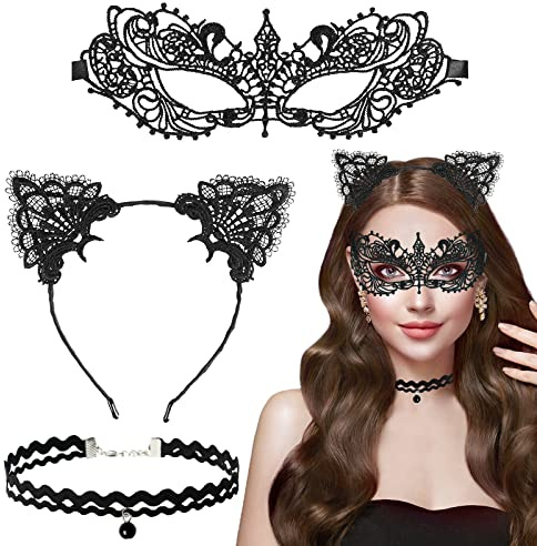 Cosysparks Spitze Catwoman Maske, 3 Stück Katzenmaske Sexy und Katzenohren Choker Set Venezianische Maske Damen Augenmaske Karneval Sexy Katzen Kostüm Zubehör für Damen
