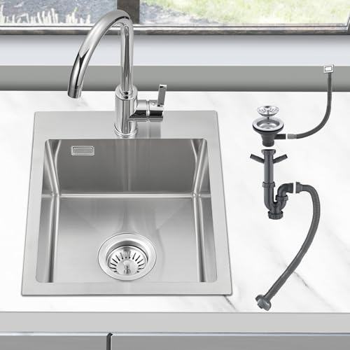 ROVOGO Küchenspüle 40x34cm Edelstahl 304 Gebürstet mit Armaturloch 1 Becken | Spülbecken Küche mit Ablaufgarnitur und Überlauf-Set, Einbauspüle Rechteckig, Einbau Spüle Klein Edelstahlspüle für Küche