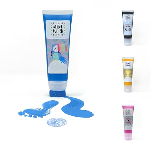 Miniwerk Malfarbe Blau mit Schwammaufsatz auf Basis natürlicher Rohstoffe, schadstofffrei wie Fingerfarbe - Fußabdruck Baby, Stempel Kinder - Erinnerung und Dekoration für Baby- & Kleinkinderzimmer
