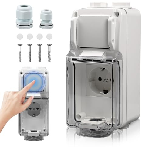 MaxEarn Aussensteckdose Steckdose mit Schalter, IP66 Wasserdichte Außensteckdose Aufputz mit Schloss, 2-Loch Aufputzsteckdose mit Schalter, Feuchtraum Steckdose Aufputz, Garage, Garten