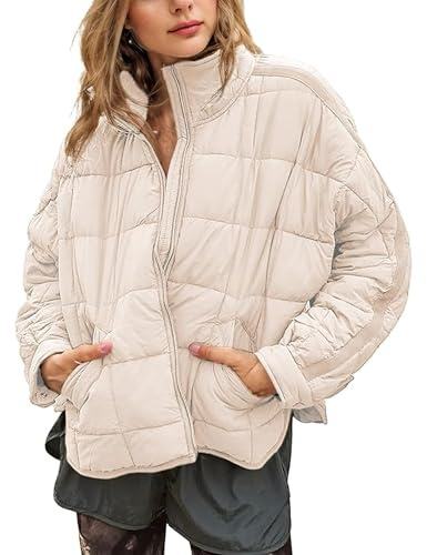 Omoone Women's Quilted Puffer Jacket Zip Up Oversized Lightweight Padded Down Coat Outerwear(3877-Khaki-S)