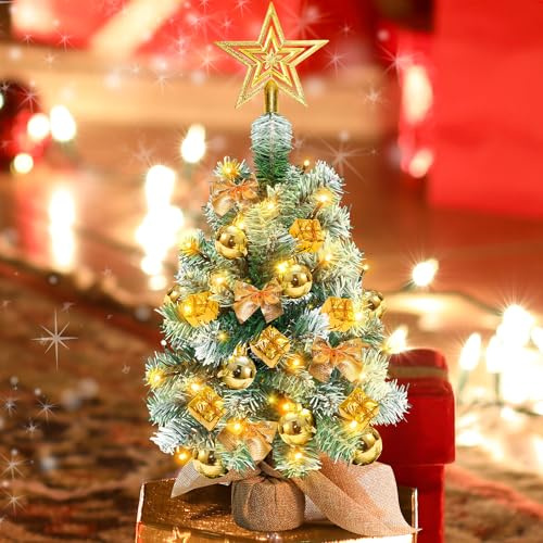 Sonnewelt 40cm Weihnachtsbaum Künstlich mit Beleuchtung Klein Tisch Weihnachtsbaum MINI Weihnachtsbaum mit 8 Modi LED Lichterketten & Ornamenten Tannenbaum Klein mit LED Weihnachten-Gold