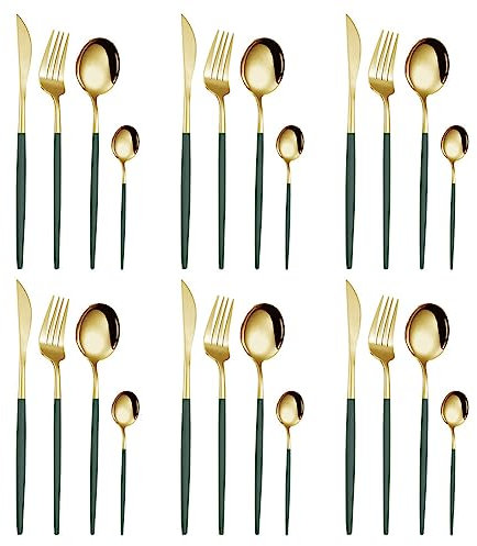 Couverts de Table en Acier Inoxydable, Lot de 24 Ensemble d'ustensiles Avec Couteau à Steak, Fourchette et Cuillère, Set de Couverts pour 6 Personnes avec Boîte, Cadeau de Noël (Or Vert)