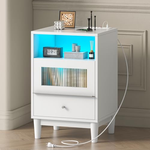 cointwo White Bedside Table with Charging Station & LED Lights, Nightstand with Tempered Glass Drawers – Stylish Night Stand for Bedroom, Living Room, Kids Room