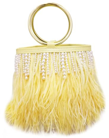 MOISTRI Perlen Abendtasche Bucket Handtasche mit Perlenquaste Feder Clutch Geldbörse Straußenfeder Geldbörse für Hochzeitsfeier Gelb