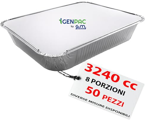 GM – 50 Contenitori Alluminio 8 Porzioni 3240 cc con 50 Coperchi Alluminizzati, Vaschette per Alimenti Extra Capienti Ideali per Forno, Congelamento, Catering e Asporto Professionale