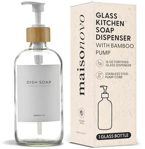 MaisoNovo Glass Hand Soap Dispenser | Dish Soap Dispenser for Kitchen | 16.9oz Clear Bottles with White Bamboo Pump | Bathroom Lotion Dispenser