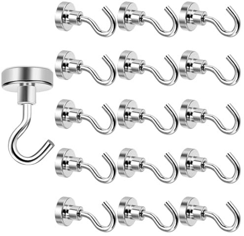 Dawumin 16 Stück Magnethaken Extra Stark, 10Kg+ Silber Magnete Mit Haken, 16mm Super Starke Neodym Magnet, Magnetic Hooks Stanzfrei für Kreuzfahrt, Grill BBQ, Küche, Gadgets, Büro