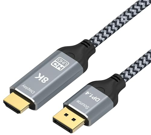 Reagle Cable DisplayPort a HDMI – 8 K @ 60 Hz, 4 K @ 144 Hz, HDR, envolvente 3D, Plug & Play – trenzado de nailon de alta calidad, conectores dorados, transmisión unilateral – perfecto para juegos y