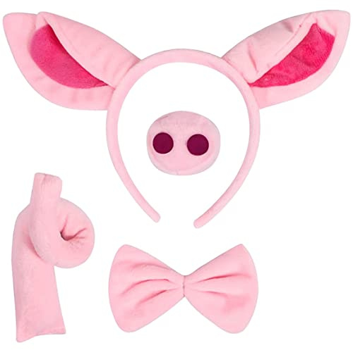 Stibzeup Schweinekostüm Set 4PCS Schwein Ohren Stirnband, Nase, Fliege und Schwanz -Set Halloween -Kostüm für Partydekoration,