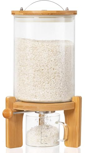 Famyards 5-7 Lbs Glass Rice Dispenser with Wooden Stand Flour and Cereal Container with Glass Measuring Cup Pantry Food Organization Storage Bin with Airtight Bamboo Lid, 3L