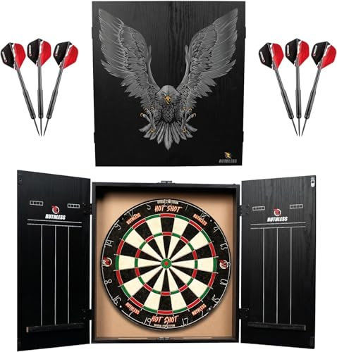 Ruthless Home Darts Centre | Komplettes Dart-Set für zu Hause einschließlich Schrank, Dartscheibe und 2 Sätze Darts (Eagle)