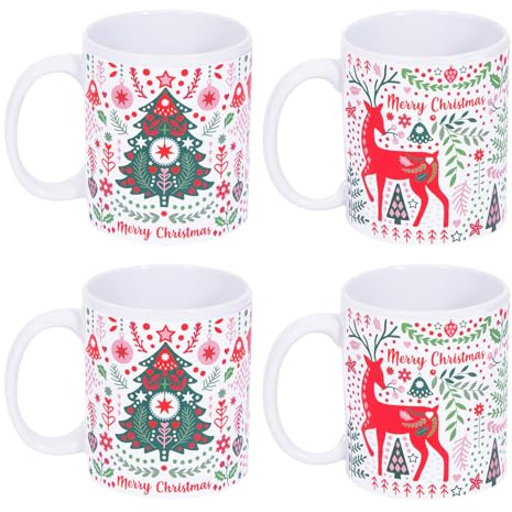 Set Of 4 Scandi Christmas Mugs White And Red Party Xmas Mug Set Home Reindeer And Xmas Tree Festive Gift